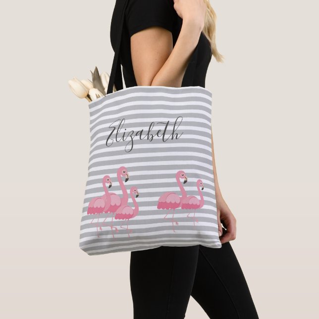 Cute Pink Flamingo Custom Name Trendy Grey Stripes Tote Bag (Close Up)