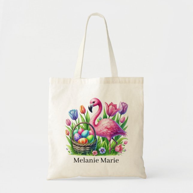 Cute pink flamingo Easter add name  Tote Bag (Front)