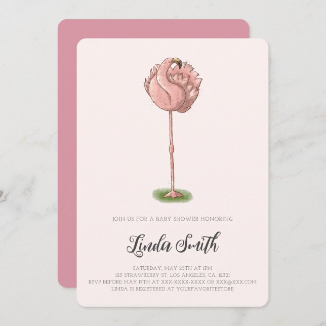 Cute Pink Flamingo Girl Baby Shower Invitation (Front/Back)