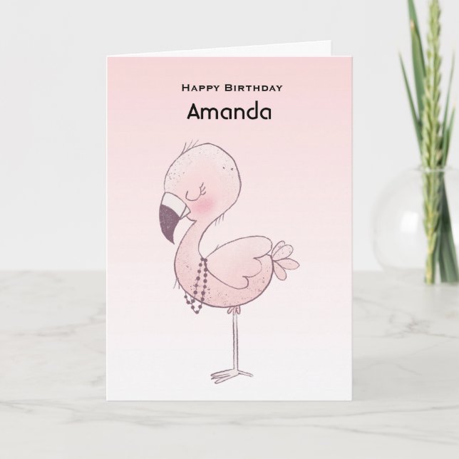 Cute Pink Flamingo Illustration Birthday Card (Front)