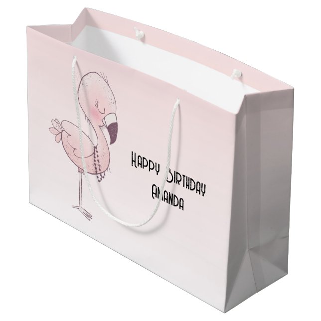 Cute Pink Flamingo Illustration Birthday Large Gift Bag (Back Angled)