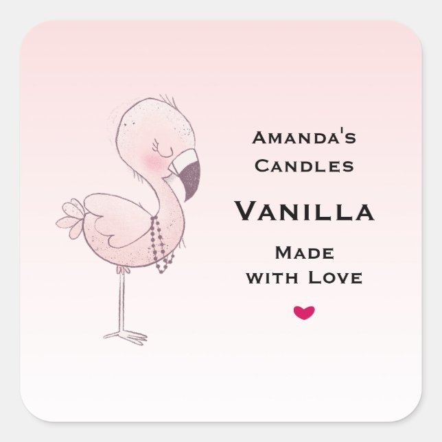 Cute Pink Flamingo Illustration Candle Business Square Sticker (Front)