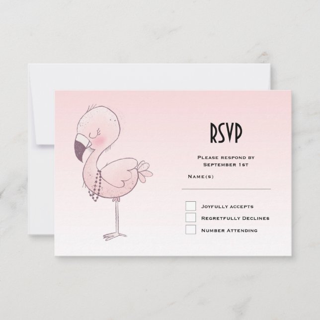 Cute Pink Flamingo Illustration RSVP Card (Front)