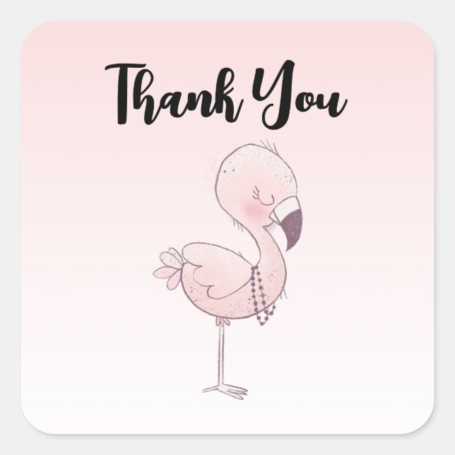 Cute Pink Flamingo Illustration Thank You Square Sticker (Front)