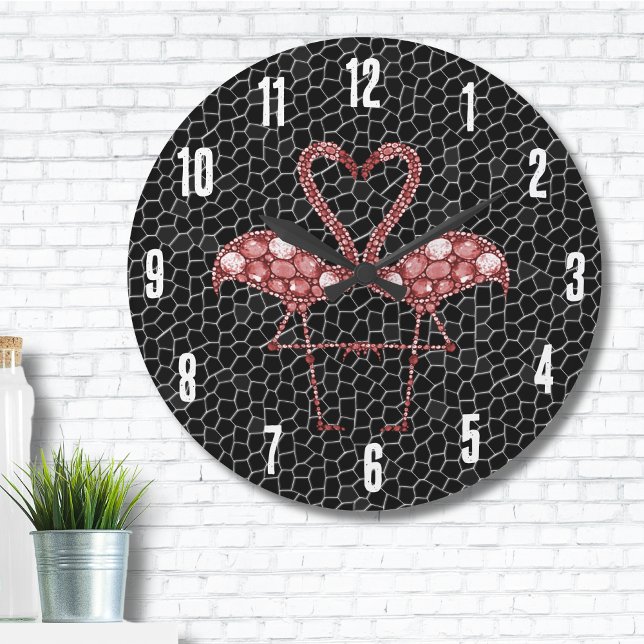 Cute Pink Flamingo Large Clock (Contemporary Abstract Modern Black Pink Flamingo Large Clock)