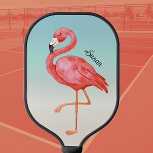 Cute Pink Flamingo Monogrammed Pickleball Paddle