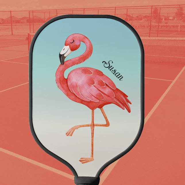 Cute Pink Flamingo Monogrammed Pickleball Paddle (Pickleball paddle cute pink flamingo. Monogrammed with name.)