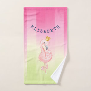 Cute Pink Flamingo Ombre Striped   Bath Towel Set