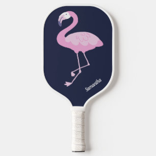 Cute Pink Flamingo on Dark Blue with Name Pickleball Paddle