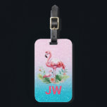 Cute Pink Flamingo On Glittery Background Luggage Tag<br><div class="desc">Cute pink flamingos watercolor illustration over glittery pink and blue background.</div>