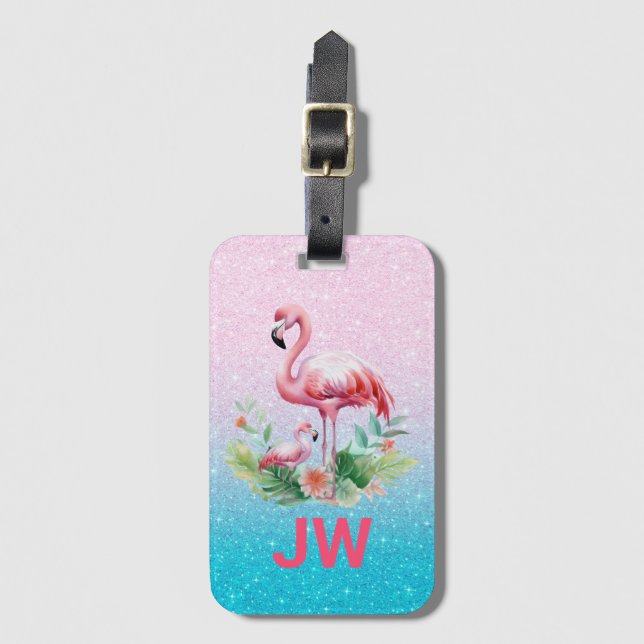 Cute Pink Flamingo On Glittery Background Luggage Tag (Front Vertical)