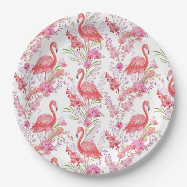 Cute pink flamingo pattern party paper plate (Front)