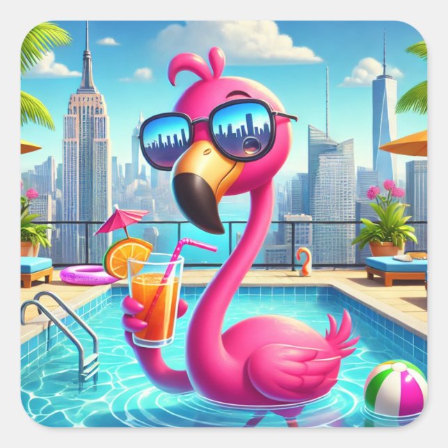 Cute Pink Flamingo Poolside Drinking Sticker (Front)