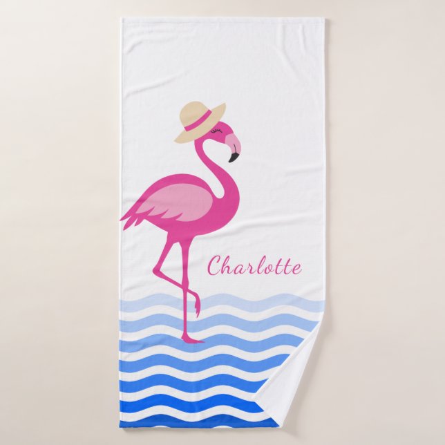 Cute pink flamingo sea waves monogram bath towel set (Bath Towel)