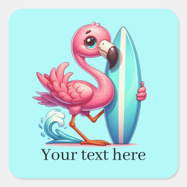 Cute pink flamingo surfing square sticker (Front)