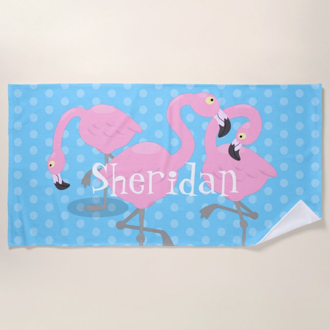 Cute pink flamingo trio blue cartoon illustration beach towel (Front)