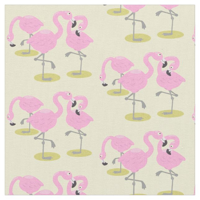 Cute pink flamingo trio blue cartoon illustration fabric (Close Up)