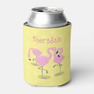 Cute pink flamingo trio cartoon illustration can cooler