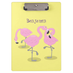 Cute pink flamingo trio cartoon illustration clipboard