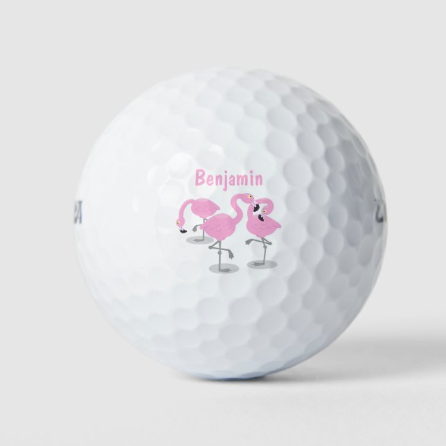 Cute pink flamingo trio cartoon illustration golf balls (Front)