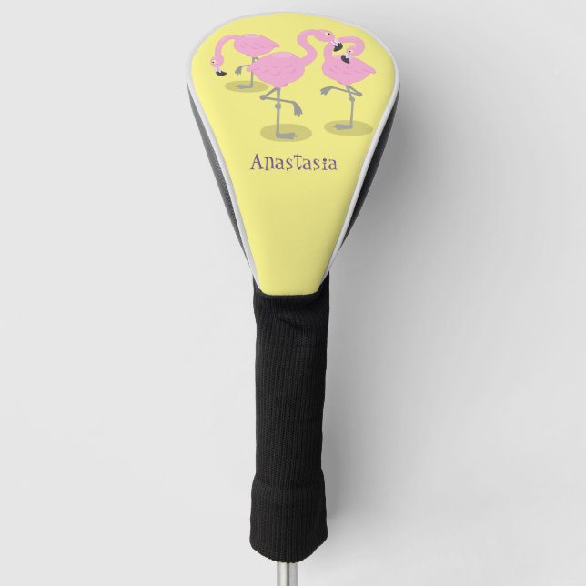 Cute pink flamingo trio cartoon illustration golf head cover (Front)