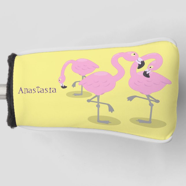 Cute pink flamingo trio cartoon illustration golf head cover (Front)
