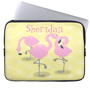 Cute pink flamingo trio cartoon illustration laptop sleeve