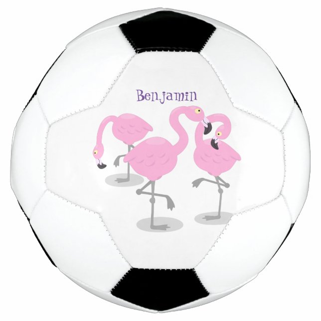 Cute pink flamingo trio cartoon illustration soccer ball (Front)