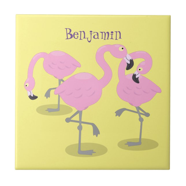 Cute pink flamingo trio cartoon illustration tile (Front)