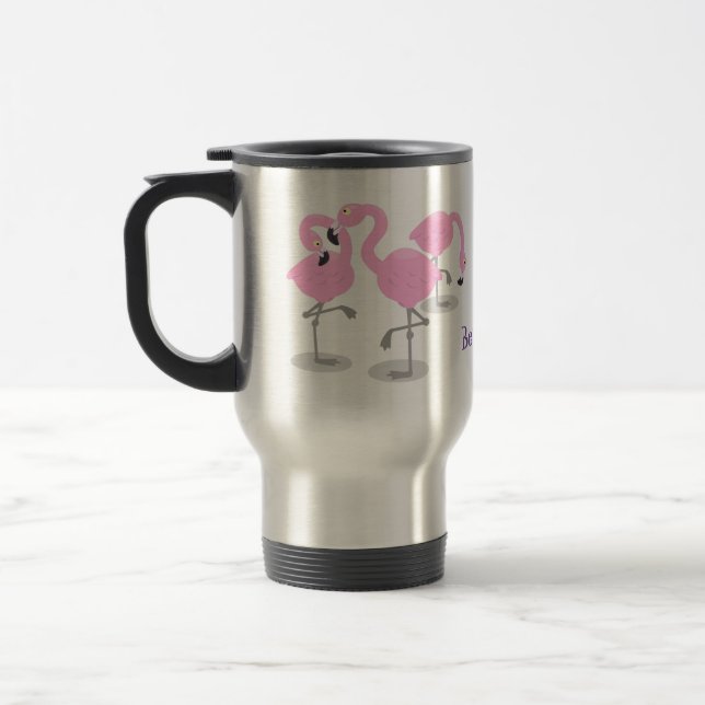 Cute pink flamingo trio cartoon personalised travel mug (Left)