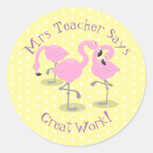 Cute pink flamingo trio cartoon teacher award classic round sticker