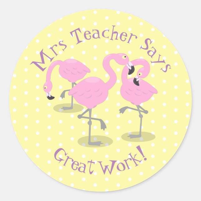Cute pink flamingo trio cartoon teacher award classic round sticker (Front)