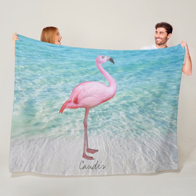 Cute Pink Flamingo Tropical Sandy Beach Name Fleece Blanket (In Situ)