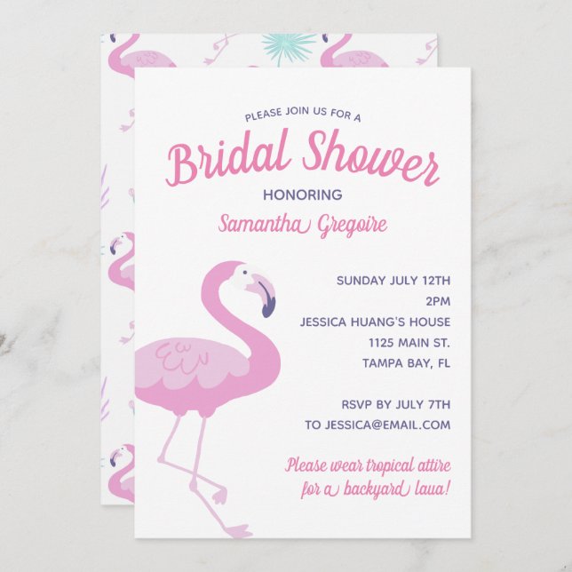 Cute Pink Flamingo Tropical Summer Bridal Shower Invitation (Front/Back)