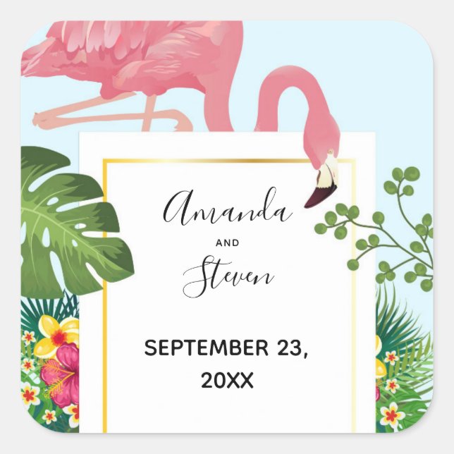 Cute Pink Flamingo Tropical Theme Wedding Square Sticker (Front)