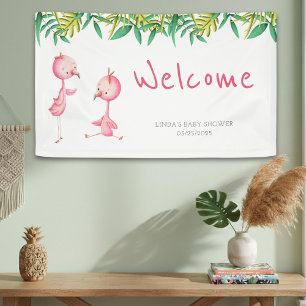Cute Pink Flamingo Twins Baby Shower Welcome Banner