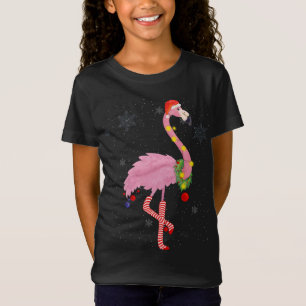Cute Pink Flamingo with Snow, Lights and Santa Hat T-Shirt