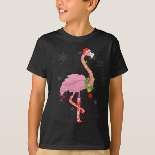 Cute Pink Flamingo with Snow, Lights and Santa Hat T-Shirt