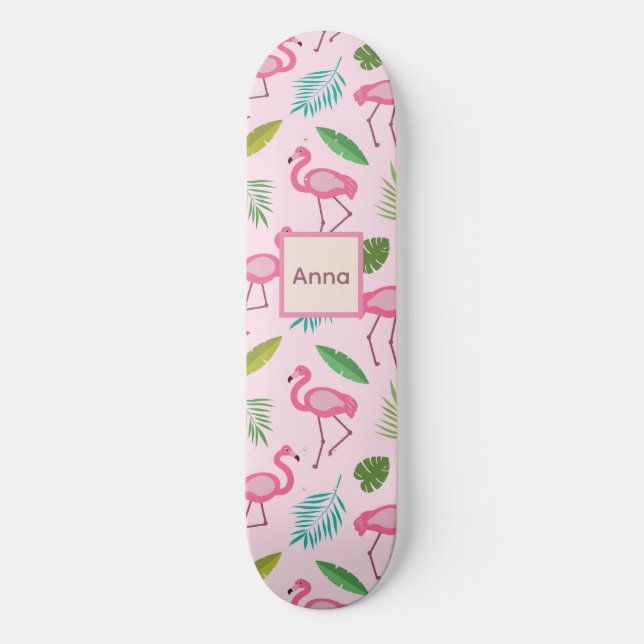 Cute Pink Flamingo with Tropical Leaves custom  Skateboard (Front)
