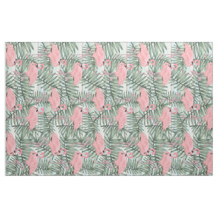 Cute Pink Flamingoes Palm Leafs Pattern Fabric