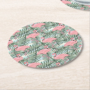 Cute Pink Flamingoes Palm Leafs Pattern Round Paper Coaster