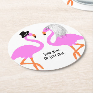 Cute Pink Flamingos Bride & Groom Wedding Round Paper Coaster