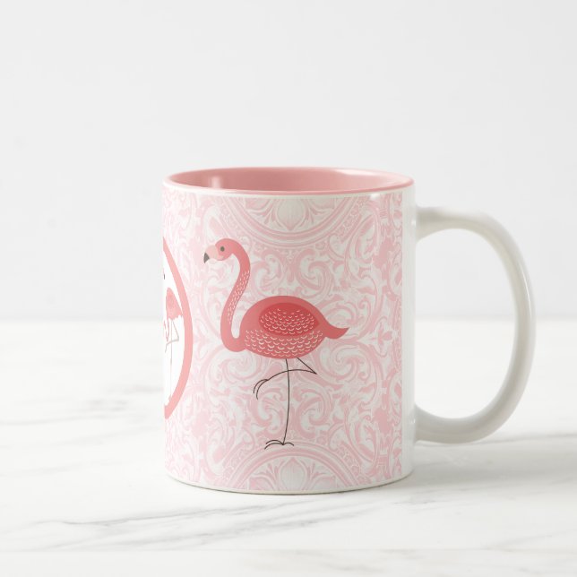Cute Pink Flamingos & Floral Swirls Two-Tone Coffee Mug (Right)