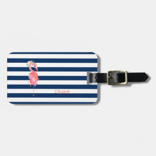 Cute Pink Flamingos Flower,Striped Luggage Tag