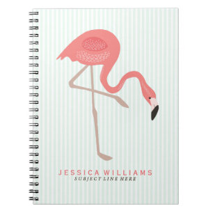 Cute Pink Flamingos Illustration With Mint Stripes Spiral Notebook