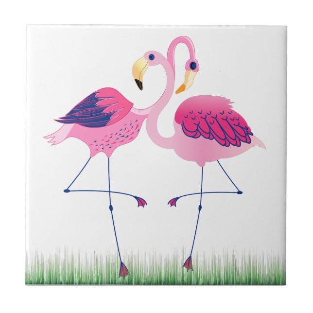 Cute Pink Flamingos On Green Grass Tile (Front)