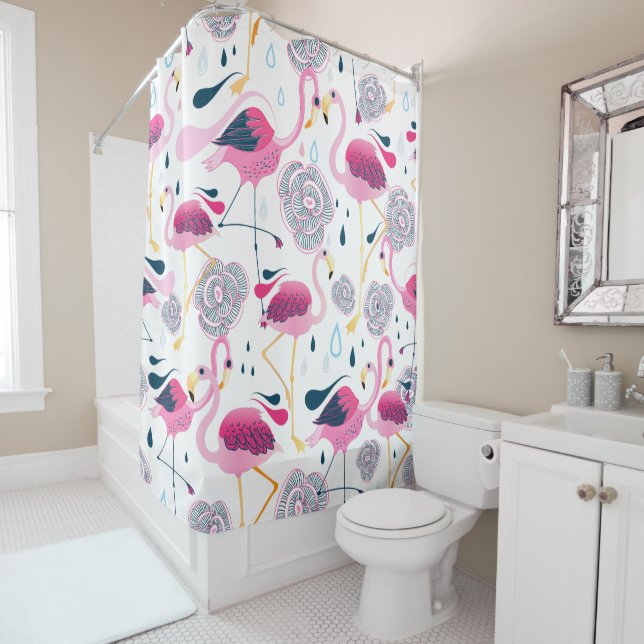 Cute Pink Flamingos & Stylised Flowers Pattern Shower Curtain (In Situ)