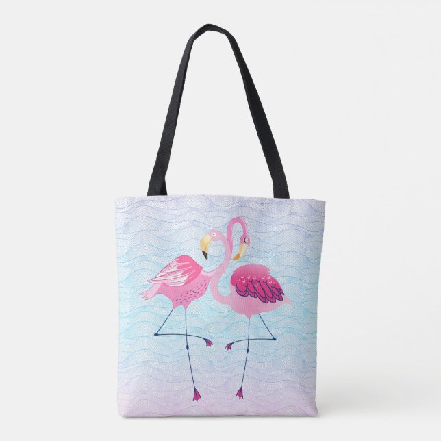Cute Pink Flamingos Stylised Water Waves Pattern Tote Bag (Back)