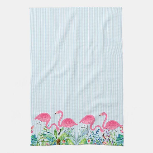 Cute pink flamingos tropical flowers border tea towel (Vertical)