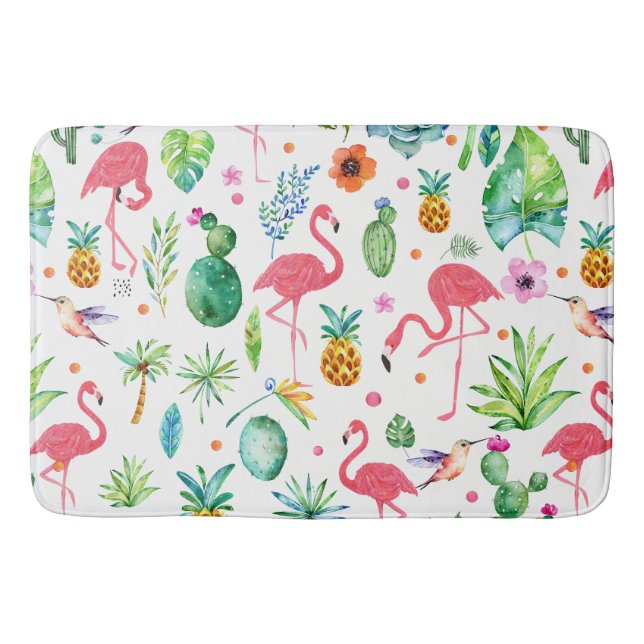 Cute Pink Flamingos & Tropical Flowers Pattern Bath Mat (Front)